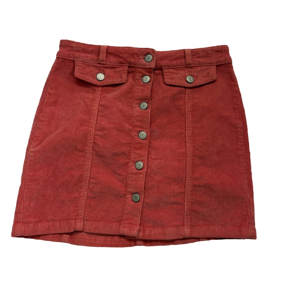 SO Red Corduroy Mini Skirt with Button Front